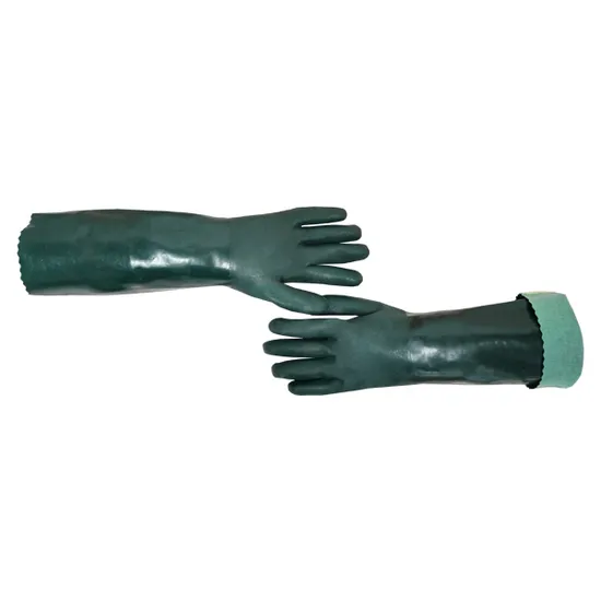 Ddsafety Exporting to 77+ Countries Dark Green PVC Glove Double Dipped Smooth Finished on Sleeve Sandy Finsihed on Hand Scalloped Cuff Lining 45cm Gloves