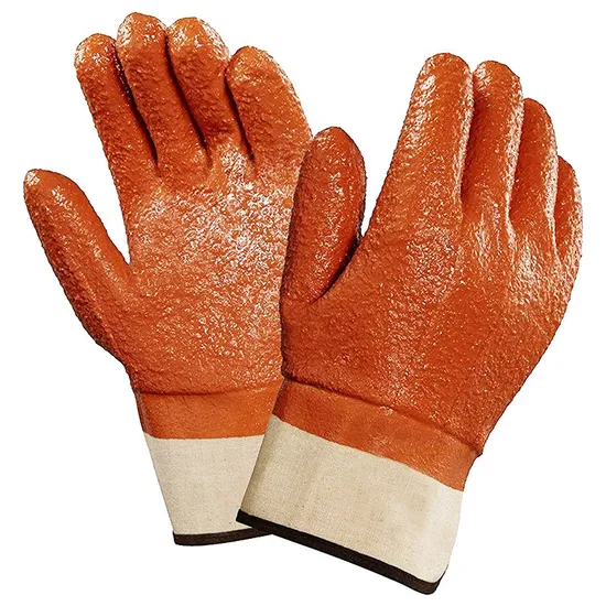 Oil Resistant Heavy Duty Safety Cuff Cotton Jersey Lined Rough Finished PVC Coated Work Gloves